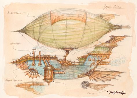 The Mark Page Workshop Magical Airship, Steampunk Airship Concept Art, Steampunk Airship Pirate, Steampunk Airplane Concept Art, Steampunk Blimp Concept Art, Steampunk Ship, Airship Art, Steampunk Mixed Media Art, Steampunk Illustration