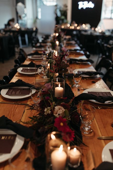 Dark And Moody Centerpiece, Moody Wedding Venue Decor, Moody Country Wedding, Black White And Burgundy Wedding Table Settings, Moody Romantic Fall Wedding, Dark Maroon Wedding Theme, Moody Fall Wedding Aesthetic, Moody Minimalist Wedding, Western Goth Wedding