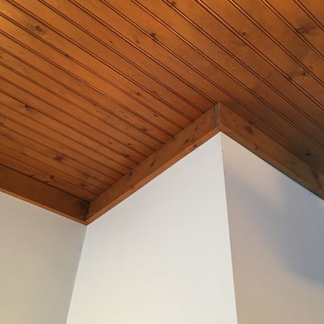 Kitchen - knotty pine bead board ceiling & square trim, medium stain (existing when we moved in) Wood Ceiling Trim, Stained Beadboard Ceiling, Ceiling Trim Ideas, Stained Beadboard, Knotty Pine Ceiling, Square Trim, Ceiling Remodel, High Ceiling Lighting, Board Ceiling