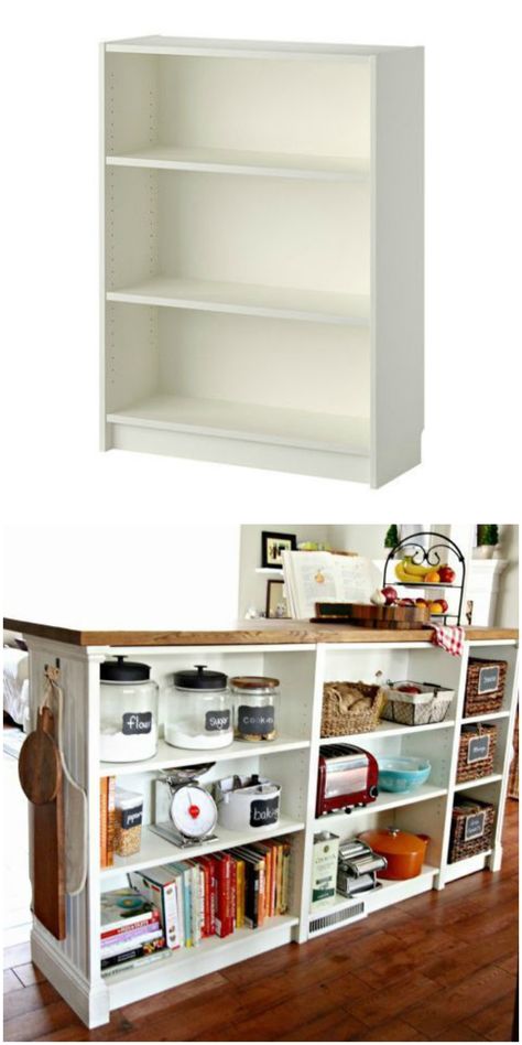 Turn you short Billy bookcase into a double-duty kitchen island using this IKEA hack! Billy Ikea, Billy Bookcases, Ikea Kitchen Island, Ikea Billy Bookcase, Ikea Hack Ideas, Ikea Billy, Ikea Ideas, Ikea Furniture Hacks, Decor Ikea