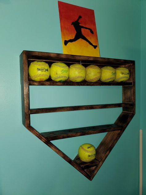 This display will hold 15 - 12" Softballs Homerun Ball Display, Softball Display Ideas, Softball Room Decor, Softball Bedroom, Softball Display, Softball Room, Softball Crafts, Ball Display, Wood Works