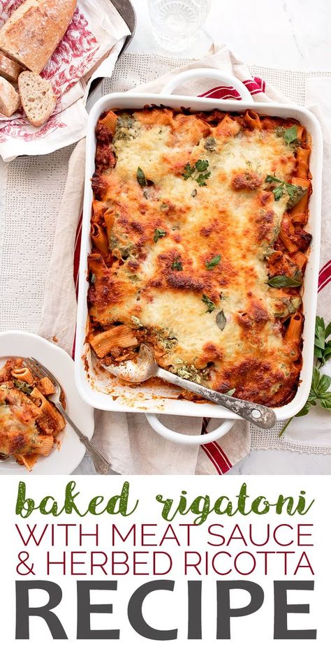 Baked Rigatoni With Ricotta, Kitty Recipes, Herbed Ricotta, Rigatoni Recipes, Baked Rigatoni, Meat Sauce Recipes, Ricotta Recipes, Savory Meals, Ricotta Pasta