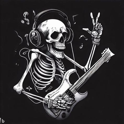 A skeleton with headphones on, holding a guitar and playing a rock concert. tattoos art Skeleton With Headphones, Holding A Guitar, Skeleton Artwork, Skeleton Tattoo, Magic Runes, Guitar Drawing, Rock Poster Art, Skeleton Tattoos, Skulls Drawing