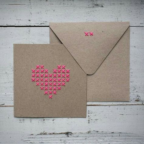 Sewn Valentine Cards, Hand Stitched Cards, Embroidery Cards, Heart Card, Paper Embroidery, Cross Stitch Cards, Birthday Cards Diy, Heart Cards, Gifts Cards