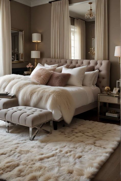 modern glam bedroom ideas plush rugs silk pillows elegance 1 Contemporary Luxe Bedroom, Chic Bedroom Decor Glamour Classy, Beautiful Rooms Bedrooms, Gray Velvet Bedroom Ideas, Teenagers Bedroom Ideas, Transitional Glam Bedroom, Modern Glam Bedroom Decor, Couple Room Ideas Bedrooms, Glam Chic Bedroom