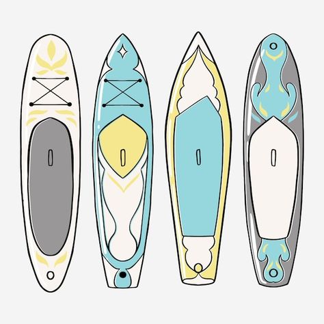 Hand drawn sup board collection | Free Vector #Freepik #freevector #paddle-board #sup #collection #bundle Paddle Board Design Ideas, Paddle Boarding Watercolor, Cute Paddle Boards, Paddle Board Illustration, Paddle Board Painting, Paddle Board Tattoo Ideas, Paddleboard Tattoo, Paddle Board Drawing, Surfboard Doodle