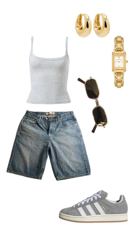 jorts grey tank top grey adidas campus 00s vintage gold watch gold hoop earrings vintage sunglasses Street Style Outfits Casual, Campus Outfit, Look Adidas, Best Winter Outfits, Outfit Inspo Summer, Outfit Inspo Casual, Adidas Campus, Midi Skirts, Cute Everyday Outfits