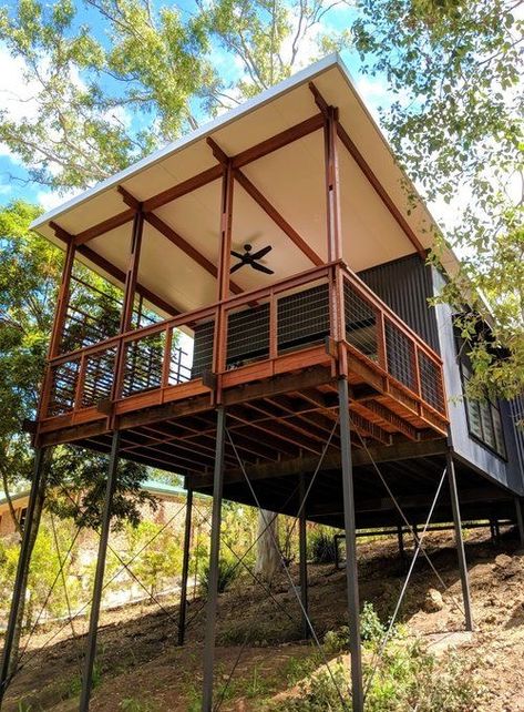 Small House Australia, House On Stilt, Beach House Flooring, Pole House, House Australia, Slope House, Granny Flats, Hillside House, House On Stilts