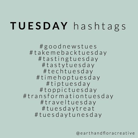 EARTH + FLORA CREATIVE on Instagram: “Useful Tuesday hashtags! Remember, hashtags are how you are seen. Unless you already have a huge following like @beyonce, you should be…” Tuesday Business Posts, Tuesday Content Idea, Tuesday Post Ideas, Tuesday Themes Social Media, Saturday Hashtags, Monday Hashtags, Thursday Hashtags, Tuesday Hashtags, Social Media Hashtags