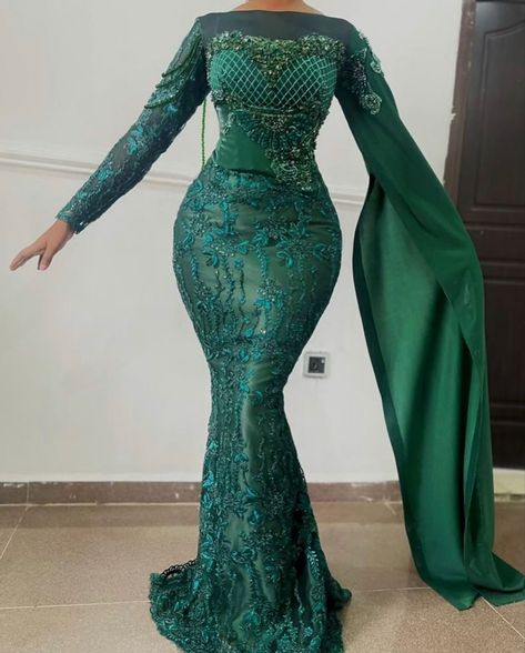 Aso Ebi Lace Styles Long Sleeve, Latest Lace Gown Styles Aso Ebi 2024, Exaggerated Sleeves Asoebi, Dinner Gowns Nigerian Long, Decent Asoebi Lace Styles, Green Lace Asoebi Styles, Latest Lace Gown Styles Aso Ebi, Atampa Styles, Elegant Asoebi Styles