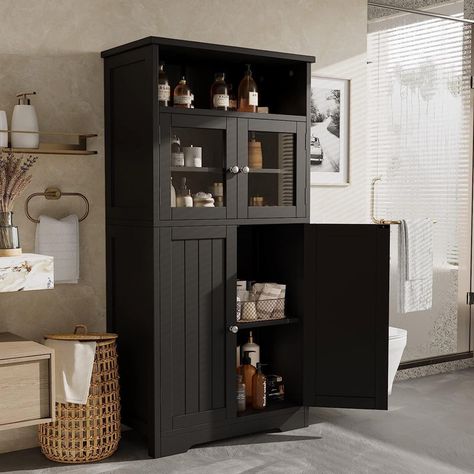 Wildon Home® Moncton Solid Wood Freestanding Bathroom Cabinet | Wayfair Open Storage Kitchen, Bathroom Storage Cabinet Freestanding, Kitchen Pantry Cabinet, Freestanding Bathroom Cabinet, Cabinet With Doors, Floor Cabinet, Storage Kitchen, Bathroom Storage Cabinet, Pantry Cabinet