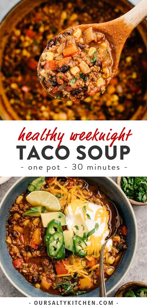 This quick and easy weeknight taco soup recipe is perfect for back to school! This healthy and hearty dinner is packed protein (ground beef and black beans), plus bell peppers, corn and tomatoes. It's a kid-friendly family dinner that's made in one pot in 30 minutes or in the crockpot or slow cooker. Naturally dairy free and gluten free, this taco soup is great for kids with allergies or food sensitivities too. #tacotuesday #soup #healthyrecipes #kidfriendly #onepot #dinner Easy Taco Soup, Healthy Ground Beef, Ground Beef Recipes Healthy, Taco Soup Recipe, Ground Beef Recipes For Dinner, Hearty Dinner, Taco Soup, Beef Recipes For Dinner, Easy Weeknight