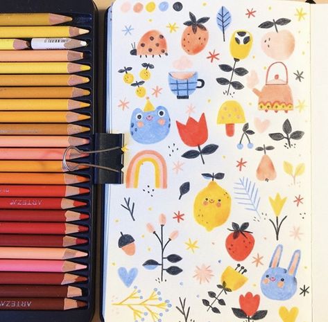 Gouache Doodle Art, Color Pencil Journal, Coloured Pencil Doodles, Cute Doodle Art Kawaii, Cute Colorful Doodles, Color Pencil Doodles, What Should I Draw Ideas, Ideas For Illustration, Colored Pencil Doodles