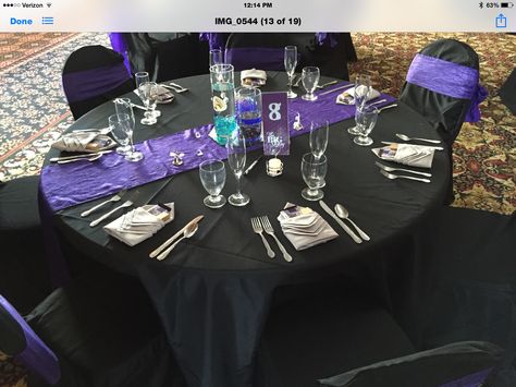 Purple And Black Table Decorations, Black Purple And Silver Table Setting, Silver Table Setting, Black Wedding Table, Purple Wedding Tables, Conference Ideas, Mothers Day Decor, Silver Table, Purple Accents