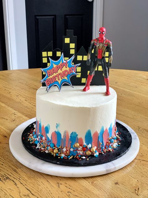 Spider Man Cake Buttercream, Modern Spiderman Cake, Superhero Buttercream Cake, Spiderman Buttercream Cake Ideas, Spider Man Theme Cake Design, Spider Man Drip Cake, White Spiderman Cake, Diy Spider Man Cake, Buttercream Spiderman Cake