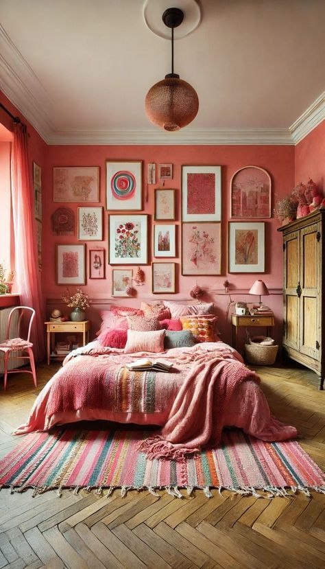 Pink Decorating Ideas, Pink Room Interior, Cozy Pink Bedroom, Light Pink Bedding, Light Pink Bedrooms, Girly Pink Bedroom, Pink Bedspread, Pink Bedroom Walls, Maximalist Bedroom