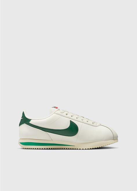 Women's Nike Cortez 'Sail Gorge Green' Sneakers - SAIL/GORGE GRN-COCONUT MILK / 5 Aesthetic Nike, Sport Aesthetic, Sneaker Outfits Women, Green Details, Sports Aesthetic, Elevated Basics, Green Sneakers, Nike Sneakers Women, Nike Cortez