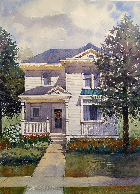 Watercolor House Painting, Urban Painting, Watercolor House, Watercolor House Portrait, House Cartoon, Waterfall Art, Watercolor Architecture, Architecture Sketchbook, House Portrait