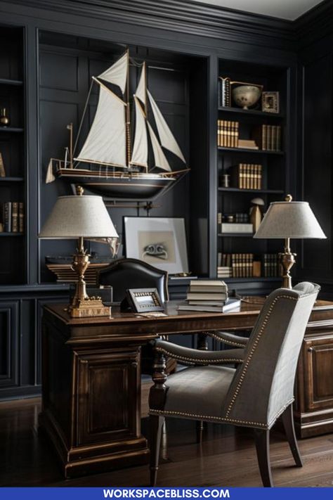 Noir Nautical decor in a work from home office as a moody office idea Light Blue Study Room, Coastal Dark Academia, Nautical Office Design, Nautical Office Decor Ideas, Men’s Study, Moody Coastal Decor, Moody Office Ideas, Masculine Study, Grand Office