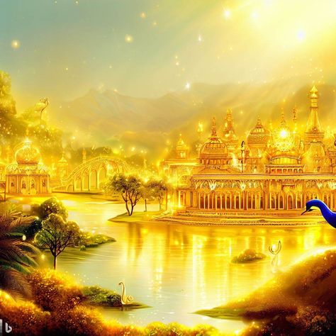 Sun Castle Fantasy Art, Golden Kingdom, Sun Palace, Elf City, The Golden Palace, Castle House Design, Gold Palace, Golden Lake, Golden Palace