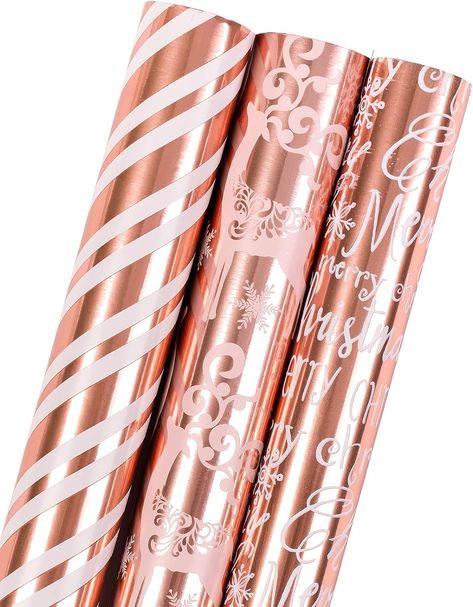 MAYPLUSS Christmas Wrapping Paper Roll - Mini Roll - 17 inch X 120 inch Per roll - 3 Different Rose Gold Design with Glitter Metallic Foil Shine (42.3 sq.ft.ttl) Gold Christmas Wrapping, Old Farmhouse Style, 100 Year Old Farmhouse, Pink Christmas Wrapping Paper, Merry Christmas Lettering, 100 Year Old Home, Color Wars, Mini Rolls, Metallic Christmas