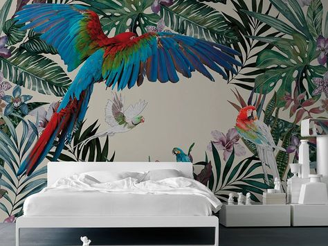 PARROTS Rainforest Mural, Tropical Mural, Gold Marble Wallpaper, Parrot Wallpaper, Motif Jungle, Rainforest Plants, Forest Mural, Tropical Bedrooms, Palm Leaf Wallpaper