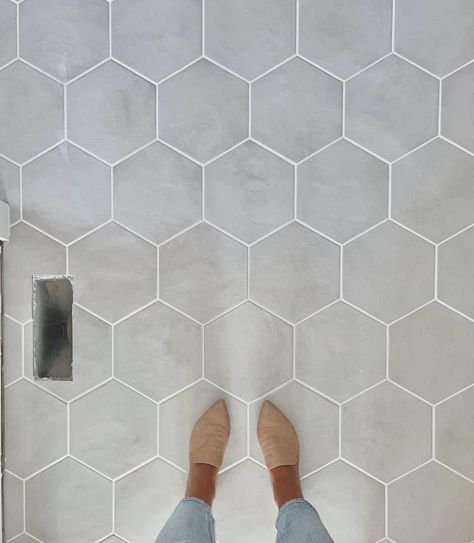 Bedrosians Tile and Stone on Instagram: “Progress shots that look this good >>>> @nadzasubasic.design Flooring: Makoto 10x10 Hexagon in color Kumo Grey” Light Grey Hexagon Tile Bathroom, Grey Hexagon Tile Bathroom Floor, Hexagon Tile Bathroom Shower Wall, Grey Hexagon Tile, Hexagon Bathroom Floor, White Hexagon Tile Bathroom, Large Hexagon Tile, Hexagon Tile Bathroom Floor, Hexagon Tile Bathroom