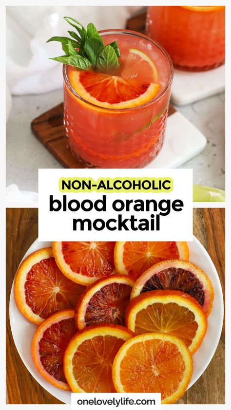 This naturally sweetened Blood Orange Mocktail is the perfect non-alcoholic drink for the holidays + special occasions! Made with vibrant fresh blood orange juice, a twist of lime, a few fresh finishes, and plenty of fizz, this holiday mocktail recipe is PACKED with flavor! As a bonus, this citrus spritzer is also made without refined sugar, so it's paleo approved! Get the recipe and more healthy mocktail recipes to try at One Lovely Life Blood Orange Mocktail Recipes, Whole 30 Mocktail Recipes, Red Mocktails Non Alcoholic, Blood Orange Cosmo, Citrus Mocktail, Mocktail Healthy, Blood Orange Mocktail, Orange Mocktail Recipes, Smoothie Recipes Vegan