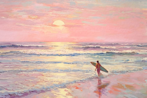 Preppy Ocean, Pink Coastal, Girly Dorm, Surf Painting, Beach Preppy, Girly Apartment Decor, Retro Painting, Girly Decor, Pastel Sunset