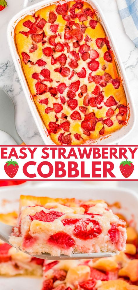 Quick and Easy Strawberry Cobbler — 🍓🙌🏻🍓 The EASIEST strawberry cobbler ever with this no-mixer quickie dessert recipe that takes advantage of fresh strawberries! No eggs and just 7 basic ingredients to make this soft and tender cobbler that's ready in 1 hour. PERFECT for casual entertaining, parties, picnics, and potlucks! You can use other types of fresh fruit if desired.'s ready in 1 hour. PERFECT for casual entertaining, parties, picnics, and potlucks! You can use other types of fresh fr Recipes To Use Up Strawberries, Dessert Recipes Using Fresh Strawberries, Can Strawberry Desserts, Easy Dessert Recipes With Strawberries, Deserts With Strawberries Easy, Strawberry Cobbler Recipe Easy, Easy Strawberry Desserts No Bake, Easy Desserts With Strawberries, Strawberry Easy Dessert