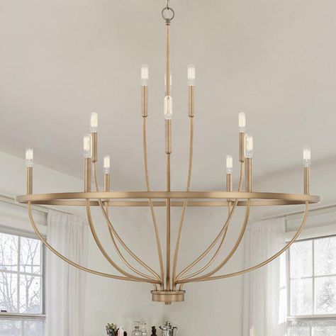 Greyson 12 Light Chandelier, Light Gold Chandelier, Gold Dining Chandelier, Primary Bedroom Chandelier, Entry Lighting High Ceiling, Wayfair Chandelier, Large Lighting For High Ceilings, Entry Chandelier Entryway, Large Chandelier High Ceilings