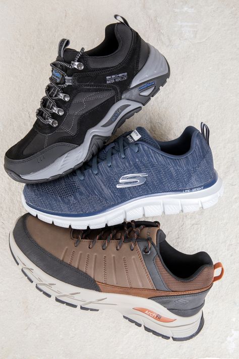 Looking for your new go-to pair of trainers? Skechers provide comfort and durability, and there's a style for everyone👏 Shop the range now. Skechers For Men, Shoes For Dad, Leather Slippers For Men, Mens Chukkas, Mens Slip On Shoes, Mens Skechers, Chukka Boots Men, Cap Mens, Chelsea Boots Men