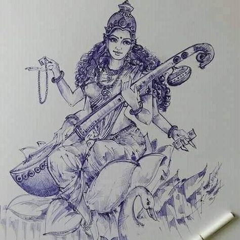 Hindu Art Sketches, Saraswati Devi Pencil Sketch, Saraswati Maa Sketch, Saraswati Devi Sketch, Saraswati Painting Art Sketch, Saraswati Goddess Sketch, Saraswati Goddess Paintings Sketch, Goddess Saraswati Drawing, Saraswati Sketch