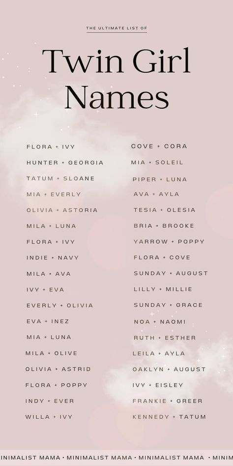 Love modern baby names but have to pick TWO that work together? These super cute twin names for girls include pairs that match, start with the same letter, end with the same sound, and some pairs that just share a common theme! Twin Names For Girls, Baby Names With Middle Names, Baby Names For Twins, Cute Twin Names, Names That Rhyme, Unique Twin Names, Names For Twins, E Names, Twin Girl Names