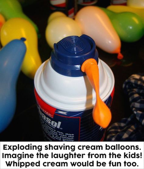 Water balloon fights are fun. Filling water balloons with shaving cream is even MORE fun! I think I'd try it with whipped cream too (yum!). Filled Balloons, Sneak Attack, Games Kids, Field Day, Fun Craft, Outdoor Party, Shaving Cream, Summer Activities, Summer Party