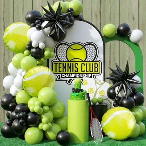 JINNYWOO Tennis Balloon Arch Garland Kit, 103Pcs Tennis Party Balloons Green Black Balloon Garland for Boys Girls Birthday Party Sports Party Gender Reveal Graduation with 4D Starburst Balloons Tennis Gender Reveal Ideas, Tennis Backdrop, Baseball Balloon Arch, Tennis Party Ideas, Navy Blue Balloon Garland, Starburst Balloon, Tennis Themed Party, Tennis Things, Bday Decoration