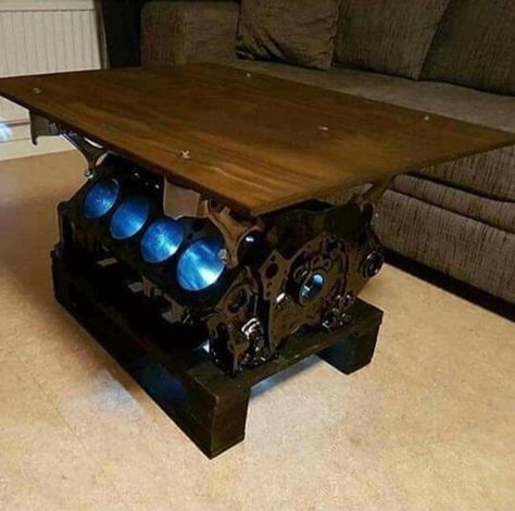 Engine Table, Car Parts Decor, Garage Furniture, Automotive Furniture, Car Part Furniture, Car Furniture, Modern Garage, Garage Shed, Automotive Decor