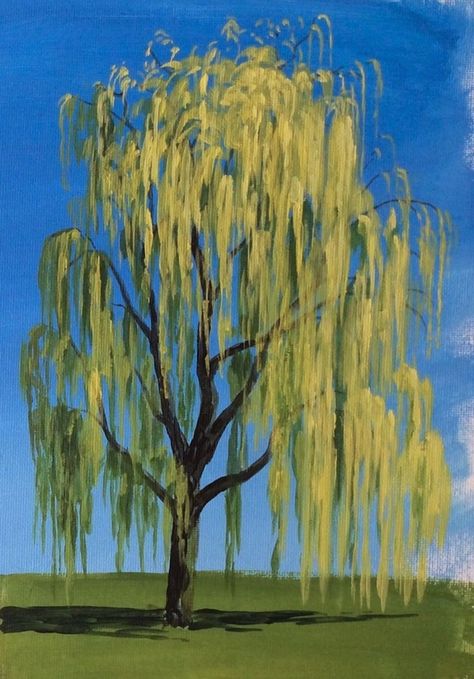 A Willow Tree, Easy Landscape Paintings, Simple Canvas Paintings, Landscape Paintings Acrylic, Canvas Painting Designs, Arte Sketchbook, Tree Drawing, Willow Tree, Beginner Painting