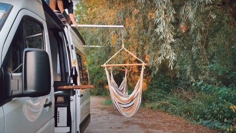 20 Best Campervan Accessories That EVERYONE Needs! Camper Van Hammock, Campervan Life Hacks, Campervan Hammock, Campervan Garage, Campervan Hacks, Campervan Accessories, Best Campervan, Hanging Seats, Bug Screen