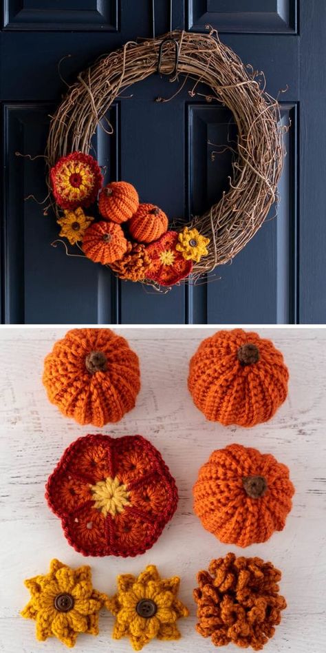 Crochet Floral Wreath, Crochet Spring Wreath, Crochet Flower Wreath, Crochet Wreaths, Crochet Wreath Pattern, Crochet Fall Decor, Thanksgiving Crochet, Sunflower Crochet, Crochet Wreath