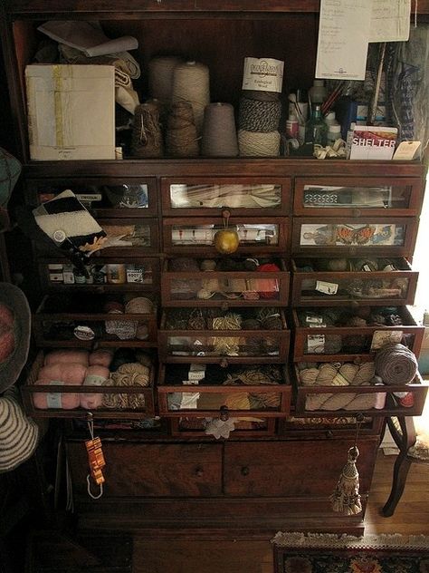 Haberdashery Cabinet, Vintage Craft Room, Credenza Vintage, Yarn Storage, Studio Organization, Sewing Space, Yarn Stash, My Sewing Room, Sewing Rooms