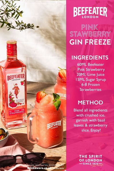 Beefeater Strawberry Gin Cocktail, Beefeater Pink Gin Cocktails, Pink Gin Drinks, Beefeater Gin, Best Gin Cocktails, Strawberry Gin, Beefeater London, Watermelon Cocktail, Gin Distillery