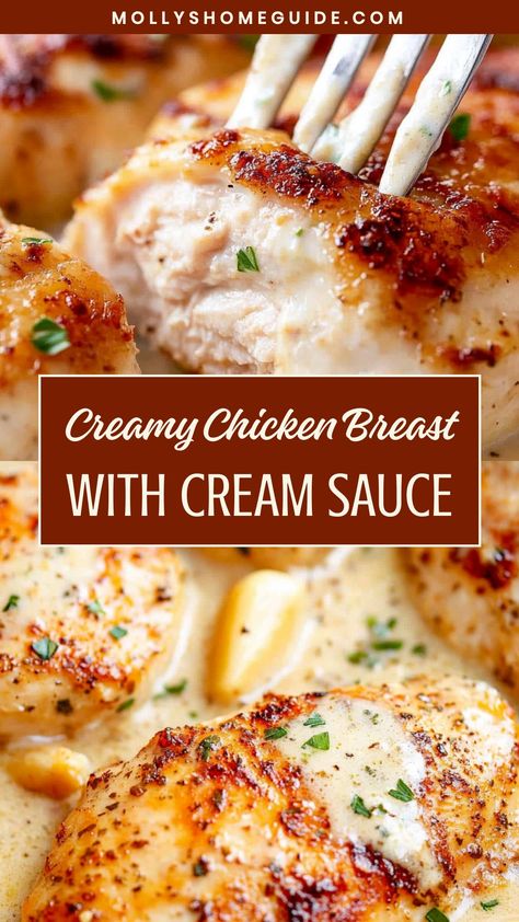 Indulge in a delicious meal tonight with this exquisite recipe for tender chicken breast with creamy sauce. The combination of juicy chicken and rich cream sauce is an irresistible treat for your taste buds. Follow this easy recipe to create a gourmet dinner at home that will impress your family and friends. Elevate your cooking game with this luxurious dish that is sure to become a favorite in your household. Baked Chicken With Cream Sauce, Easy Chicken Recipes With Cream Cheese, Dinner Ideas With Cream Of Chicken, Creamy Chicken Meals, Chicken With Creamy Sauce, Clean Chicken Breast Recipes, Meals With Heavy Cream, Chicken Recipes With Chicken Broth, Heavy Cream Sauce For Chicken