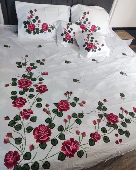 Available king size 108*108 Pure cotton satin Hand painted bedsheet With two pillow cover Two cushion covers 7710863253 Message to order Bedsheet Painting Designs, Work Cross Stitch, Hand Embroidery Bedsheet, Bed Sheet Painting Design, Bedroom Set Designs, Sheet Painting, Fabric Colour Painting, Clothes Embroidery, Fabric Paint Diy