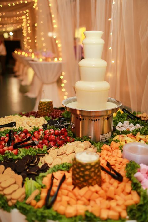 Chocolate Fountain Bar, Sweet 16 Fruit Table, Fruit Table With Chocolate Fountain, Chocolate Fountain For Wedding, Chocolate Fountain Charcuterie Board, Chocolate Fountain Bar Wedding, Chocolate Fountain Table, White Chocolate Fountain, Chocolate Fountain Wedding