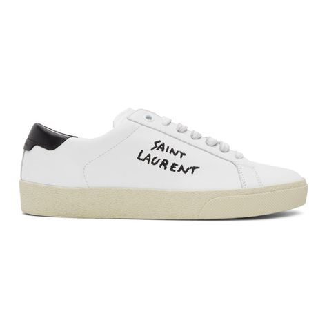 SAINT LAURENT SAINT LAURENT WHITE CALFSKIN COURT CLASSIC SNEAKERS. #saintlaurent #shoes Saint Laurent Court Classic, Saint Laurent Sneakers, Espadrille Sneakers, White Leather Sneakers, Leather High Tops, Black Heel, Sneakers For Women, Saint Laurent Shoes, Rubber Shoes