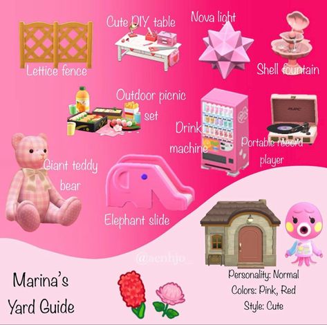 Marina’s yard guide Giant Teddy Bear, Animal Crossing Guide, Animal Crossing Characters, Animal Crossing Villagers, New Animal Crossing, Pink Animals, Animal Crossing Game, Animal Crossing Qr, Cute Diys