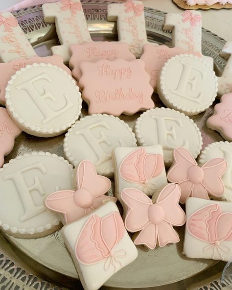 Bows And Bonnets Party, Pink And White Cookies, Bows First Birthday Party, Bonnet And Bows Birthday, 1st Birthday Pink Theme, Pretty In Pink First Birthday Party, Bow Sugar Cookies Royal Icing, Pink First Birthday Cookies, Bonnets And Bows Birthday