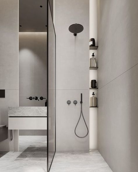 Bathroom Niche Design, Guest Wc, Grey Bathrooms Designs, Bathroom Niche, Luxury Bathroom Tiles, Minimalist Theme, Minimalist Showers, Bathroom Plan, Gray Bathroom Decor