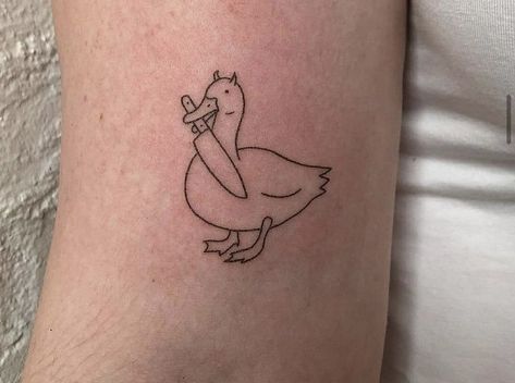 Small Funny Animal Tattoos, Goose Holding A Knife Tattoo, Cute Animal With Knife Tattoo, Goose Knife Tattoo, Duck Holding Knife Tattoo, Silly Tattoos Funny, Cartoon Duck Tattoo, Funny Duck Tattoo, Animals With Knives Tattoos